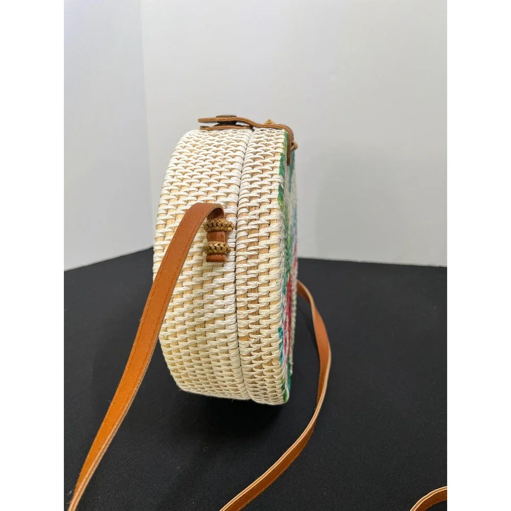 Tropical Floral Round Woven Rattan Crossbody Bag Hibiscus Monstera Straw Purse